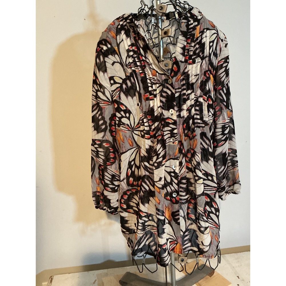 Hope Springs Butterfly Wing Print Pleated Bib Blouse Black Orange Womens Medium